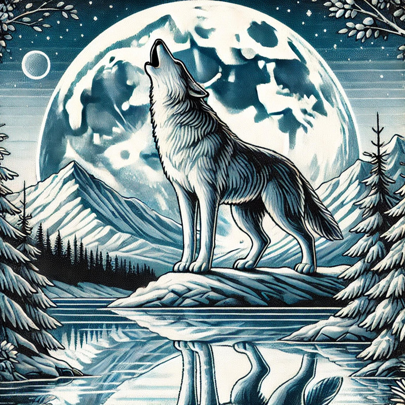 Celestial Howl: Moonlit Wolf, art mural sur toile, H 12 po x l 12 po x P 1 po