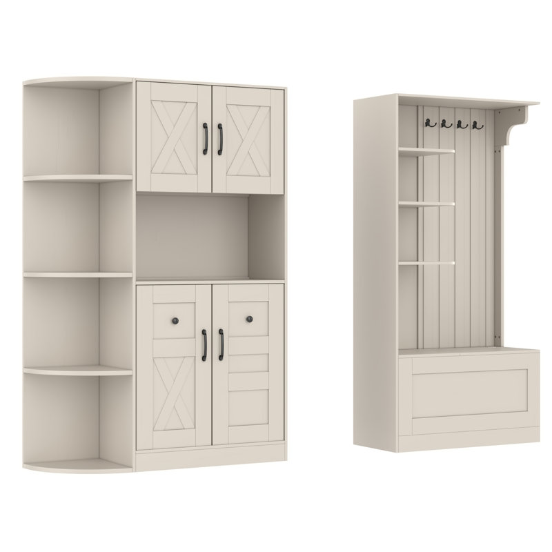 Multifunctional left-right combination hall cabinet (can be used separately) with storage and 4 hooks, Beige