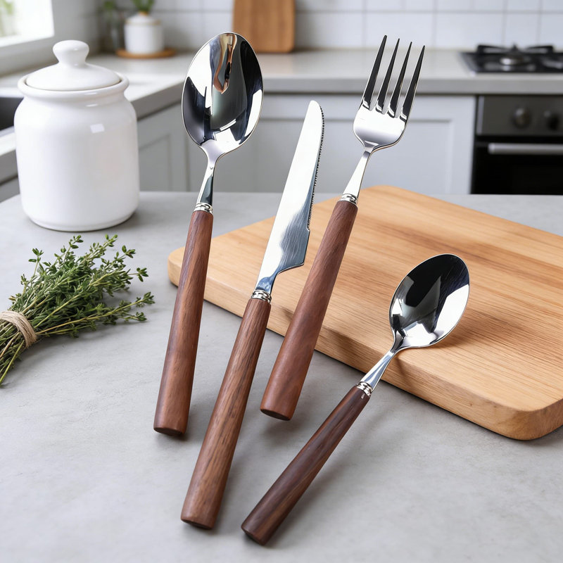 Ensemble 20 pièces de couverts en acier inoxydable 304 à poignée en noyer - couteau à steak, fourchette, cuillère et cuillère à dessert pour la maison et le restaurant