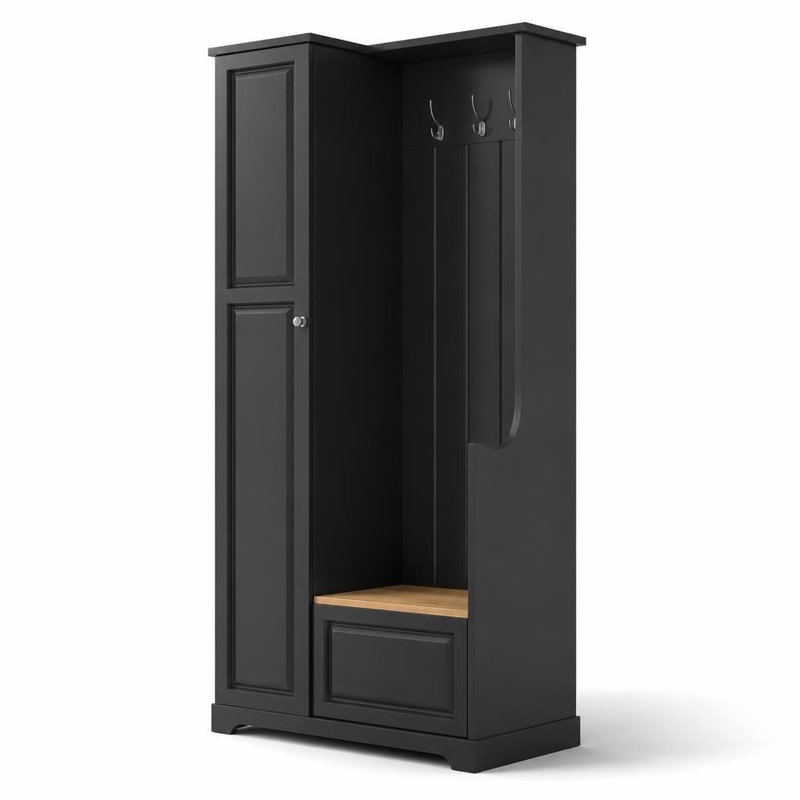 Arbre d'entrée multifonctionnel avec banc de rangement rabattable, range-chaussures minimaliste avec tablettes réglables et crochets de suspension, mobilier d'entrée peu encombrant