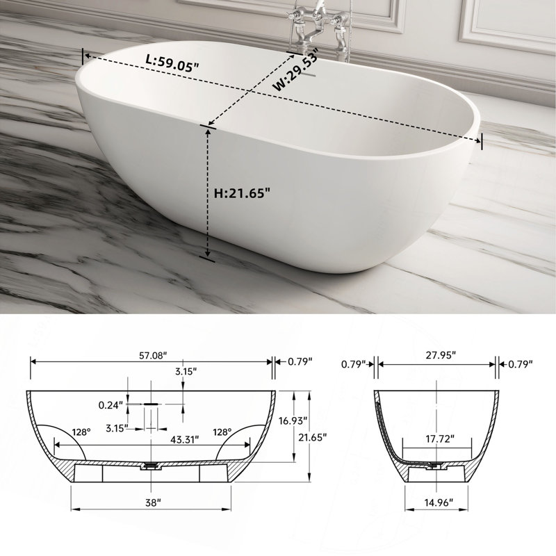 Baignoire de trempage à surface solide de 59 pouces - Baignoire profonde autoportante