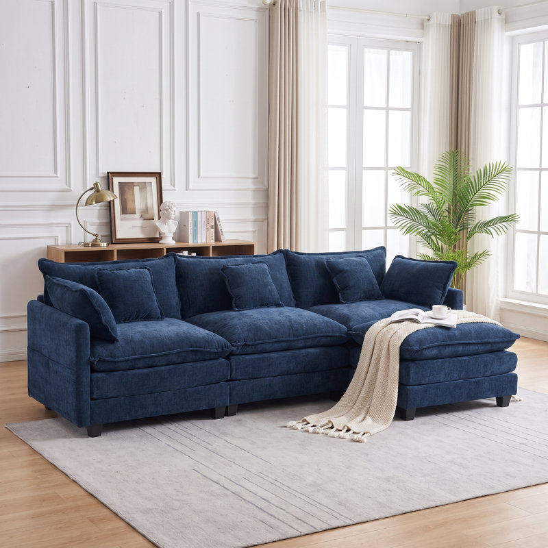 109" Modular Chenille Sectional Sofa with Movable Ottoman, Deep Seats, Side Pockets & 5 Pillows, Blue Chenille