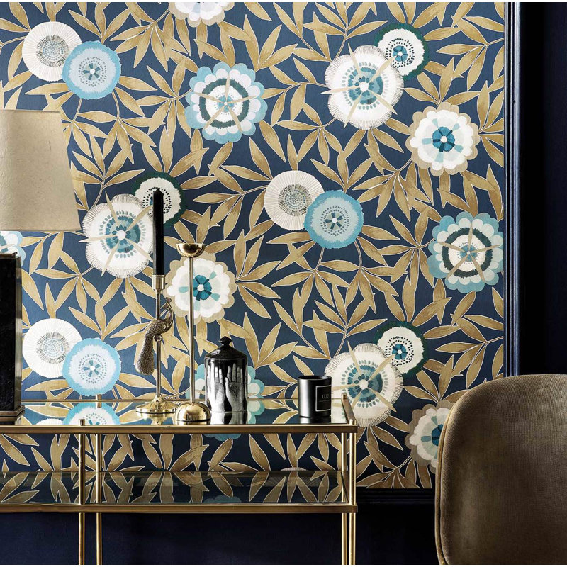 Komovi 10.05m x 52cm Lagoon/Gold Wallpaper Roll, Midnight/Gold