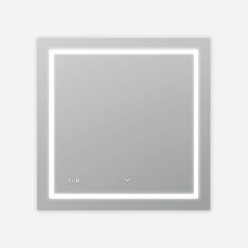 Silver Rectangular LED Lighted Bathroom Mirror with Digital Clock