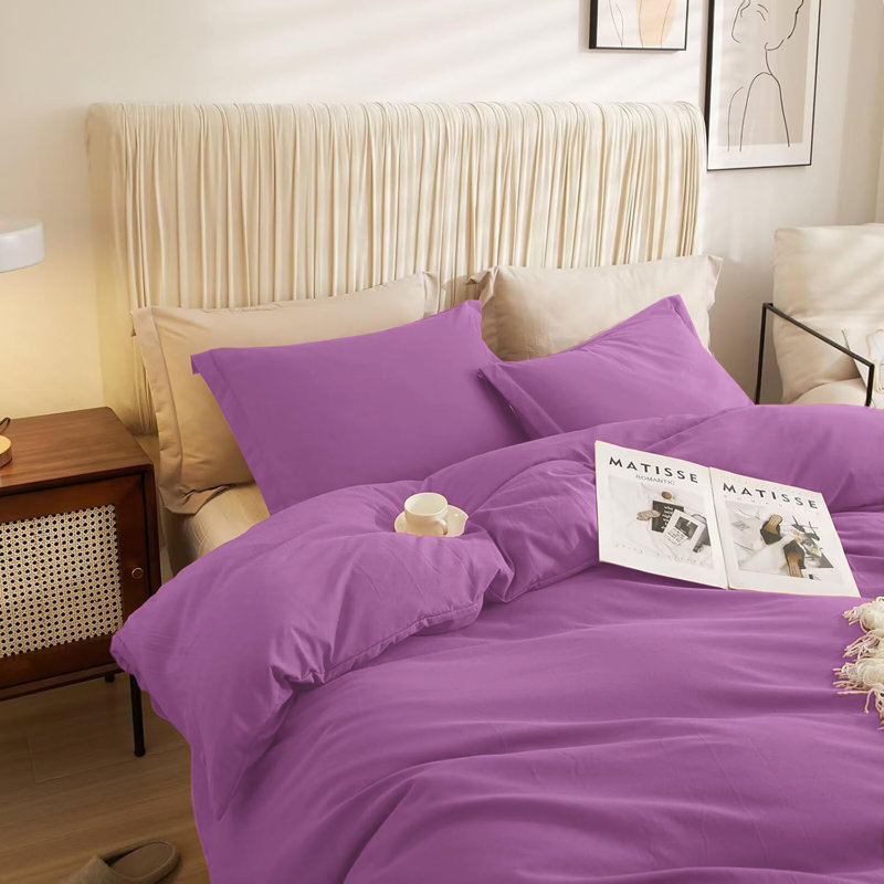 Ultra Soft 3-Piece Dyed Duvet Cover Set With Pillowcases, Purple, Kingsize Duvet Cover + 2 Standard Pillowcases