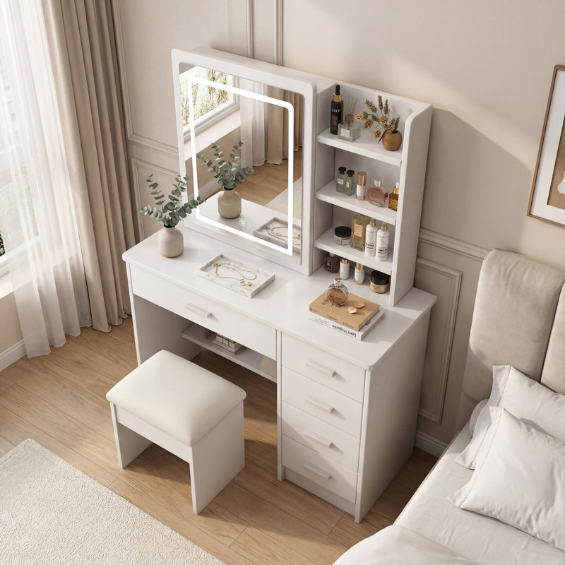 Ensemble de coiffeuse blanche avec miroir lumineux, éclairage réglable, 5 tiroirs, tablettes ouvertes et fauteuil