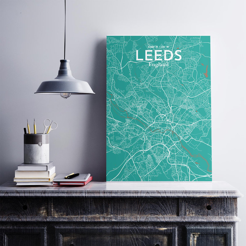Carte de la ville de Leeds, impression, Vert / brun, H 27,6 po x l 19,7 po