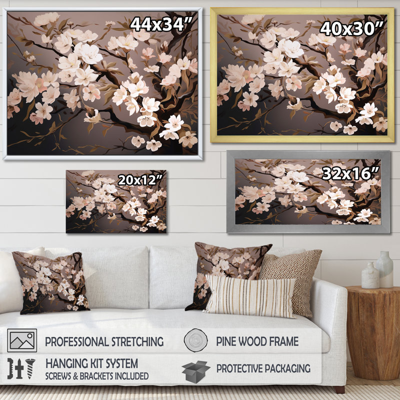 Branche avec fleurs de cerisier roses et blanches I - impression, 16" H x 32" W, Cadre flottant blanc