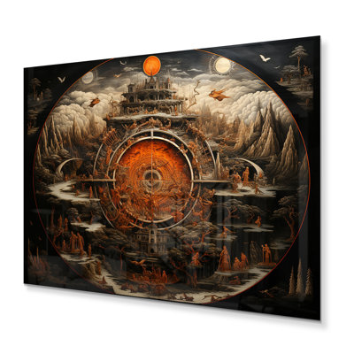 Roue de bouddhisme orange, beige, impression spirituelle sur métal