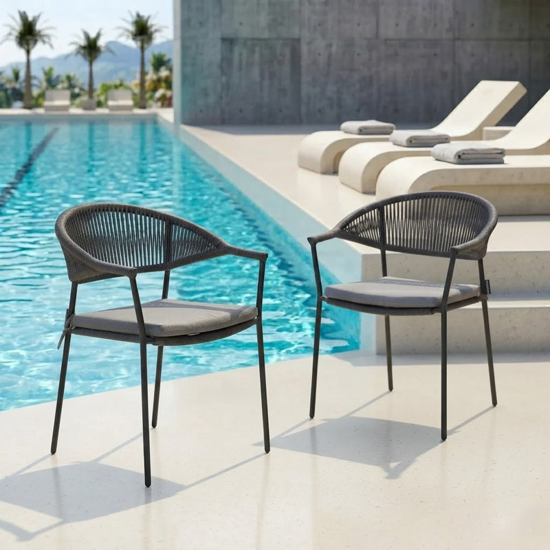 Harbor Modern Rope Woven Patio Dining Chairs - All-Weather Stackable Outdoor & Indoor - Armchairs Black Charcoal Powder Coated Steel with Premium Cushions (Set of 2)