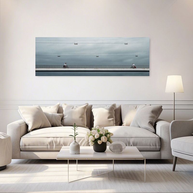 «Quiet Bridge Cycling Modern Peaceful Serene Architecture Landscape», art mural, H 20 po x l 60 po