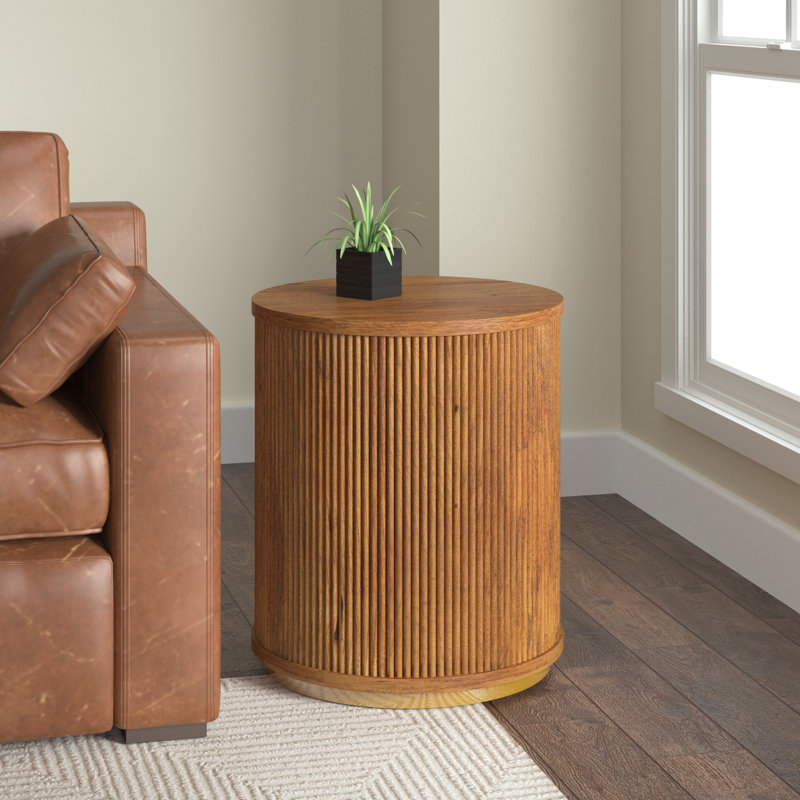 Derbey Solid Wood Tray Top Drum End Table with Storage, Brown