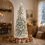 Sapin de Noël artificiel élancé de 2,13 m (7 pi) préilluminé, floqué de neige, 250 lumières blanc chaud, structure à 3 sections articulées, pied en acier pliable, montage facile, vert et blanc-1708492188