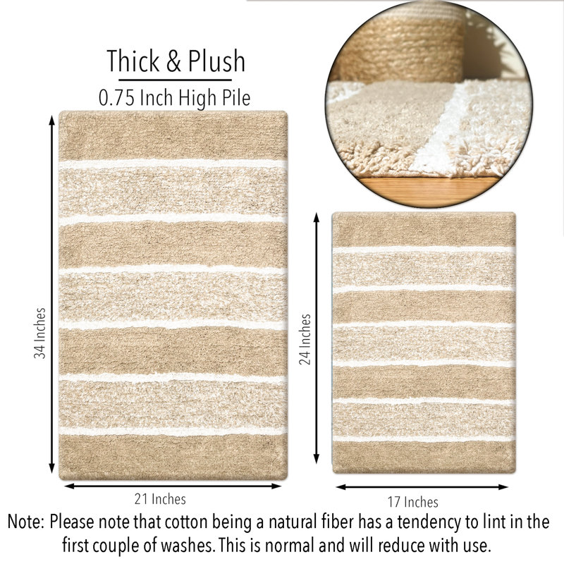 Cervantes 100% Cotton Non-Slip Bath Rug, Beige/White, 21''x34''/17''x24''
