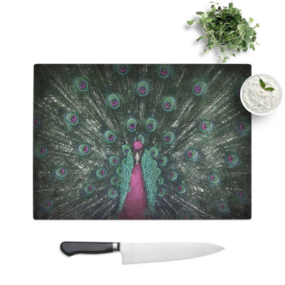 Glass Mesmerising Pink & Green Peacock Chopping Board