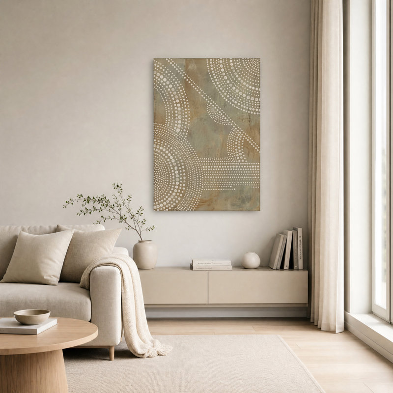Tableau abstrait à points blancs sur toile texturée aux tons terreux, H 30 po x l 20 po