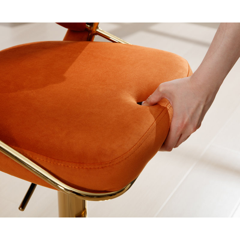 Modern Velvet Adjustable Bar Stool With 360 Degree Swivel Counter Chair, Orange/Gold Frame
