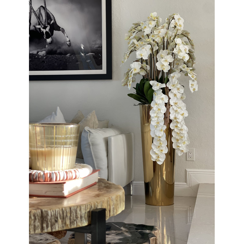 Cascading White Phalaenopsis Orchids In Tapered Polished  Cone Planter, Gold