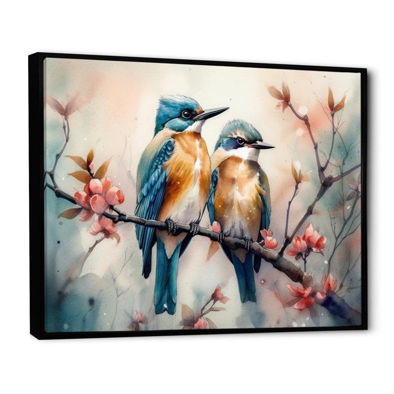 Oiseaux bleus assis sur une branche d'arbre IV - reproduction, H 12 po x l 20 po x P 1 po, Cadre flottant noir