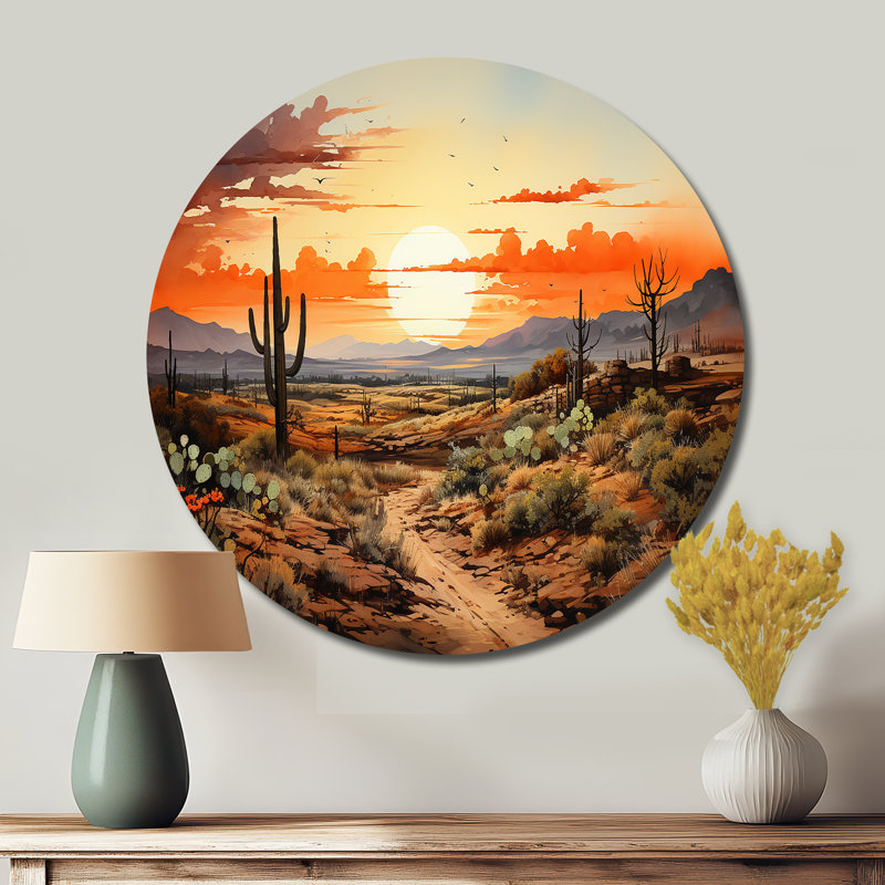 Silhouette de cactus orange, lever de soleil - art floral rond en métal, H 36 po x l 36 po