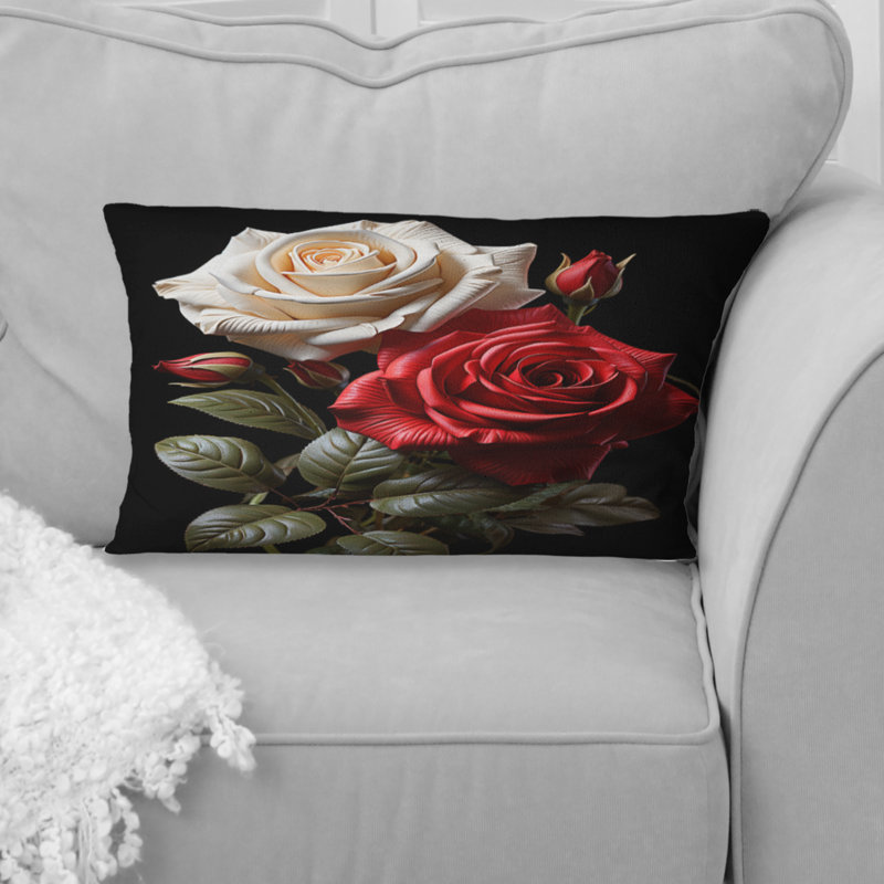 Coussin décoratif imprimé de fleurs blanches et roses rouges