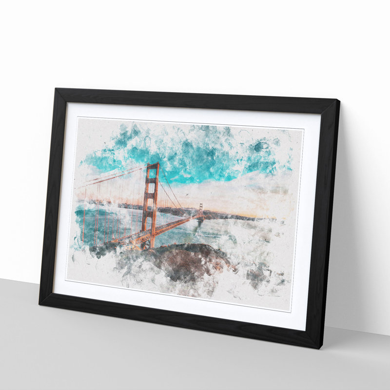 The Golden Gate Bridge in San Francisco Bay Watercolour - Picture Frame Graphic Art Print, Black Framed