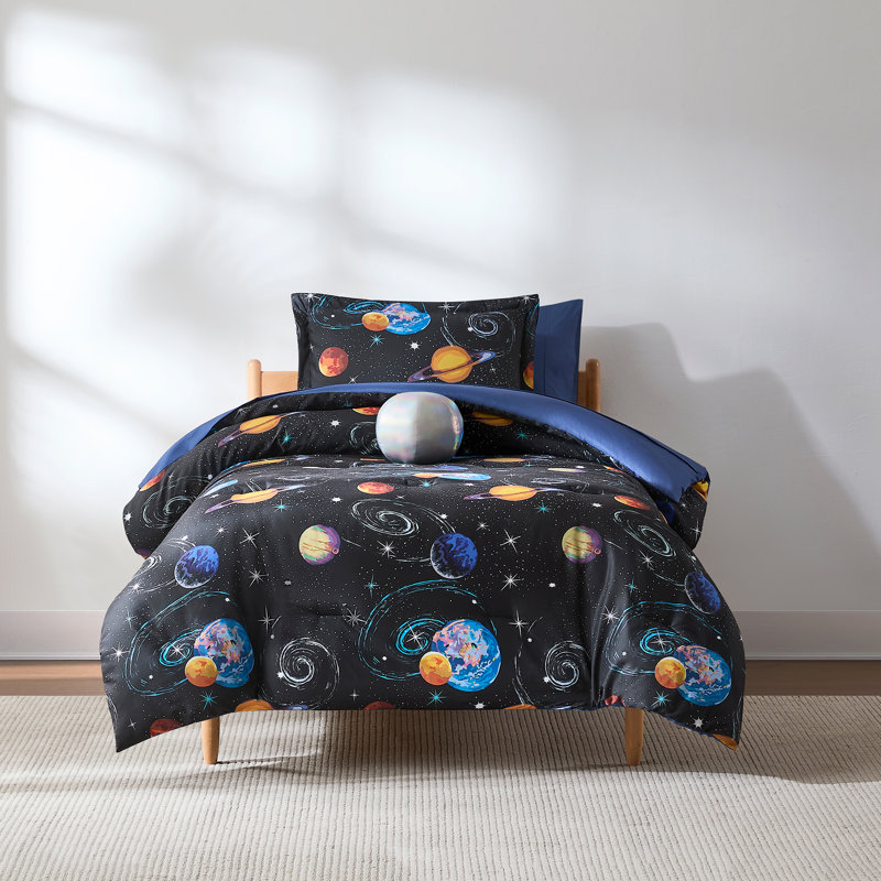 Mysterious Universe Black/Navy Comforter Set,  Twin Comforter + 5 Additional Pieces