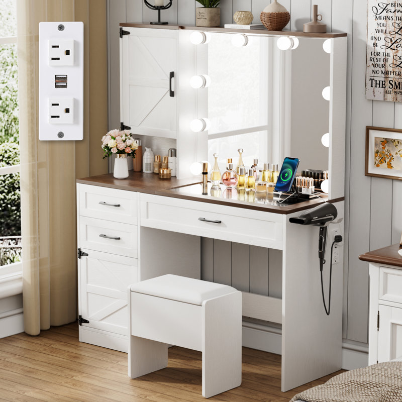 Greyden Vanity Set with Glass Top and Outlets, Brown/White