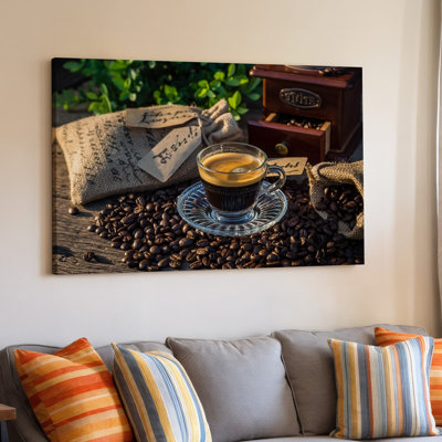 Canvas A Cozy Coffee Scene Featuring A Glass Cup Of Dark Wall Art Espresso Placed On A Delicate Saucer With Rich Aromatic Coffee Canvas Wall Art