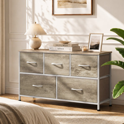 Commode à 5 tiroirs de 39,1 po Amanah pour chambre à coucher, unité de rangement avec structure en acier robuste, meuble télé avec commode en bois, commode pour le salon, salon