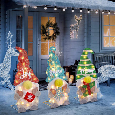 Outdoor Yard Christmas Decorations ,Xmas Gnome Trio with 75 High Bright LED Light Strips ,Collapsible Lighted Gnomes Christmas Decoration ,Holds Light Up Gift Box for Home Porch Yard Décor