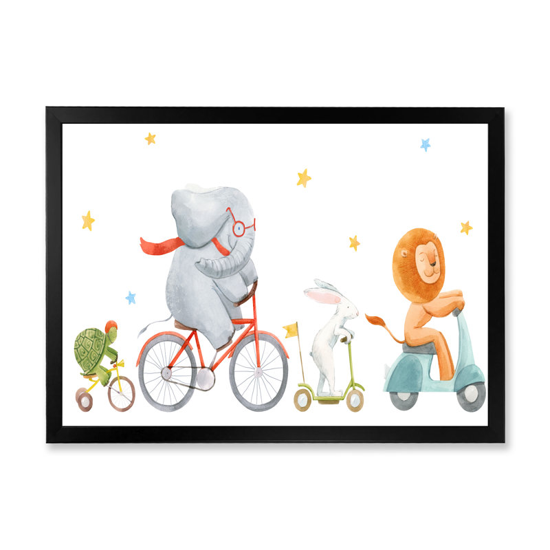 Mignons animaux à bicyclette - Art mural sur toile traditionnel, H 8 po x l 12 po x P 1 po, Cadre d'angle fermé noir