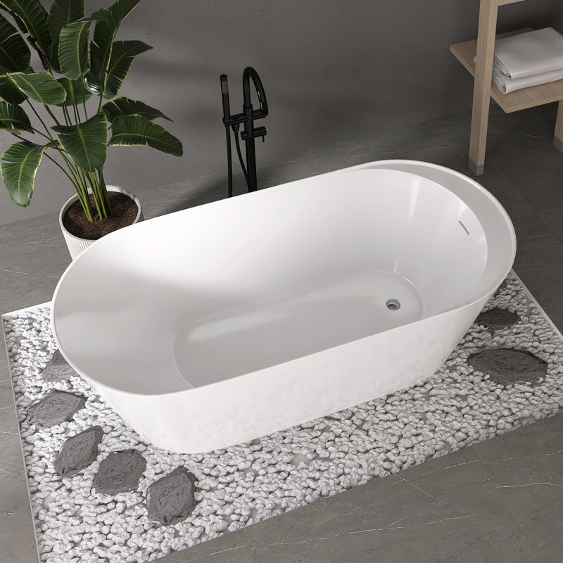 Baignoire autoportante Fslefay 67'' en acrylique, baignoire profonde avec bonde chromé à clapet et trop-plein intégré pour salle de bain spa, blanc brillant