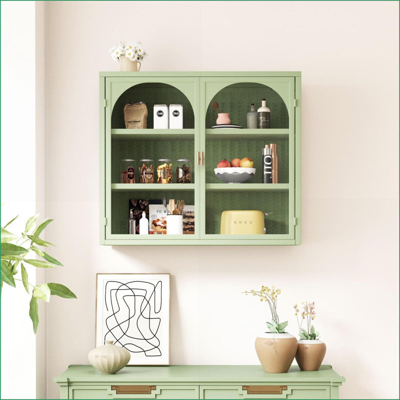 Armoire murale moderne en fer et verre trempé vert moderne avec rangement à 3 niveaux Motif tissé | Peu encombrant, Vert
