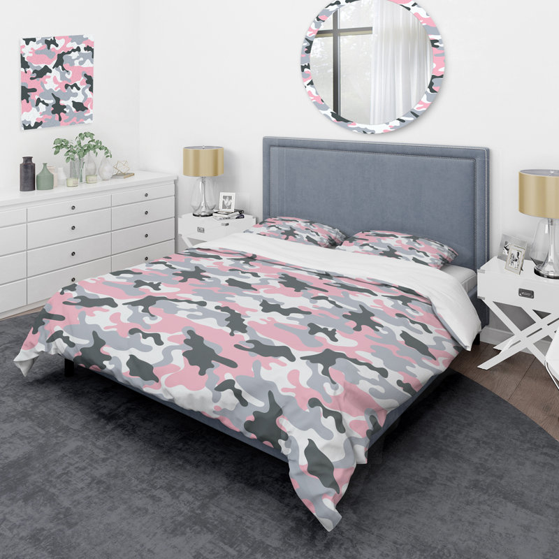 Camouflage militaire gris et rose - ensemble de housse de couette abstrait - microfibre de polyester
