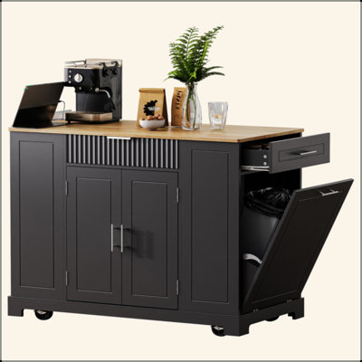 Fluted Kitchen Island With Trash Can Storage Cabinet, Power Outlet, Internal Storage Rack, Rolling Kitchen Islands On 5 Wheels With 3 Drawer, 3 Open Side Racks For 10 Gallon Garbage Bin