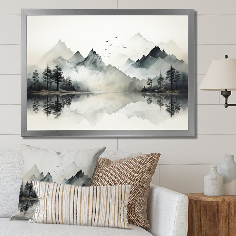 Aquarelle, rêve de lac et de forêt I, Cadre simple argenté, H 30 po x l 40 po x P 1,5 po