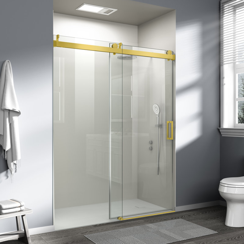 56"-60" W x 76" H Frameless Shower Door Soft-closing Single Sliding Tempered Glass with Explosion-proof Coating, Gold, Gold