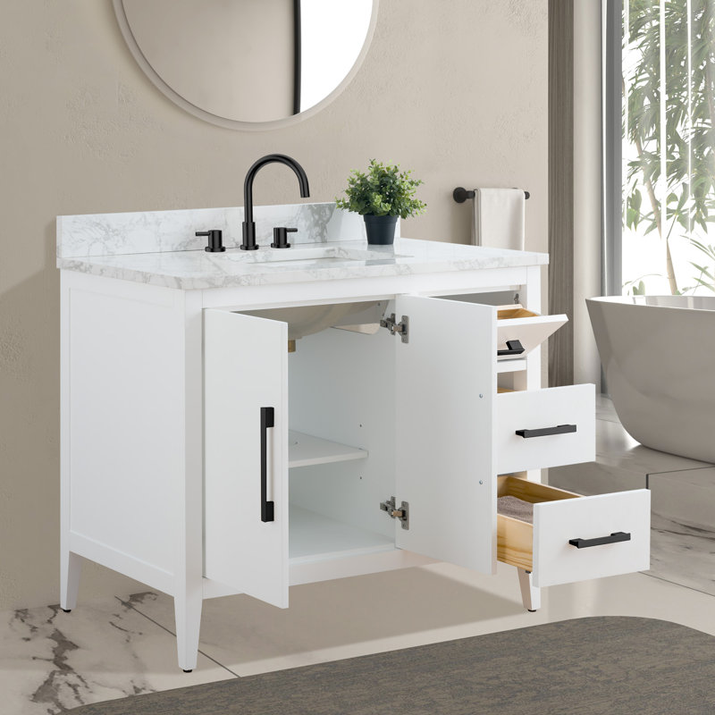 42'' Single Bathroom Vanity with Engineered Marble Top, Matte Black, White