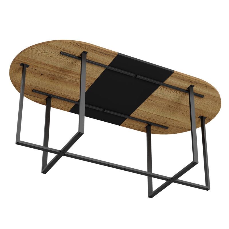 Ensemble de table de salle à manger 9 pièces ovale, plateau de table fixe à deux tons grain de bois et triamine de grain de bois noir avec 8 chaises en cuir de polyuréthane blanc, ensemble de table de cuisine moderne pour 8 personnes, idéal pour les réunions de famille
