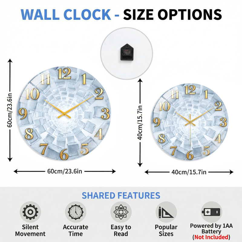 Horloge murale en cristal, 60 x 60 cm (23,6 x 23,6 pouces)