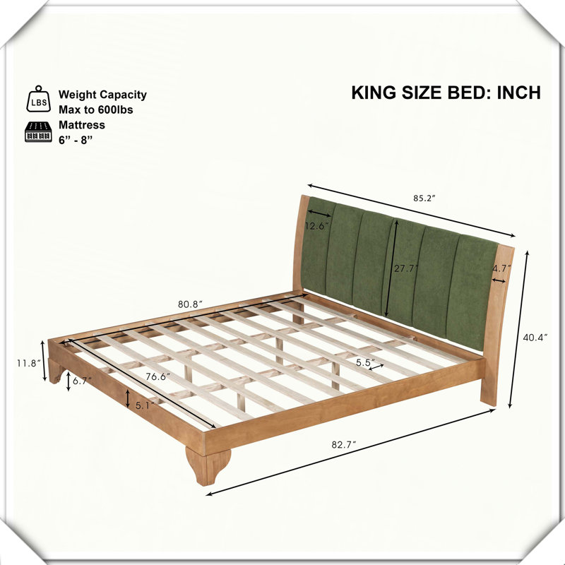 Premium Pine Wood Bed Frame Headboard Mid Century Modern Style,King, Natural, King