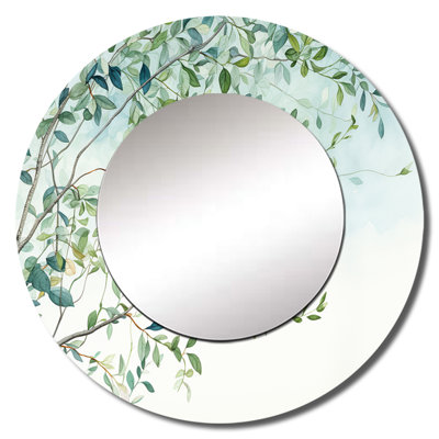 Sakcham Green Leaves Scenery Minimalism II - Leaves Decorative Wall Mirror, Traditional Round Mirror, Printed Metal Art