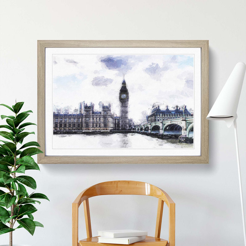 The Houses of Parliament London in Abstract - Picture Frame Painting Print, Oak Framed, 36cm H x 48cm W x 2cm D