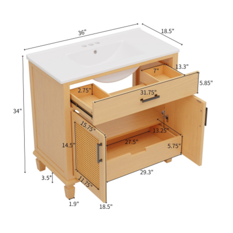 Meuble-lavabo 36 po avec lavabo en céramique - 2 portes à fermeture douce et 3 tiroirs, Naturel