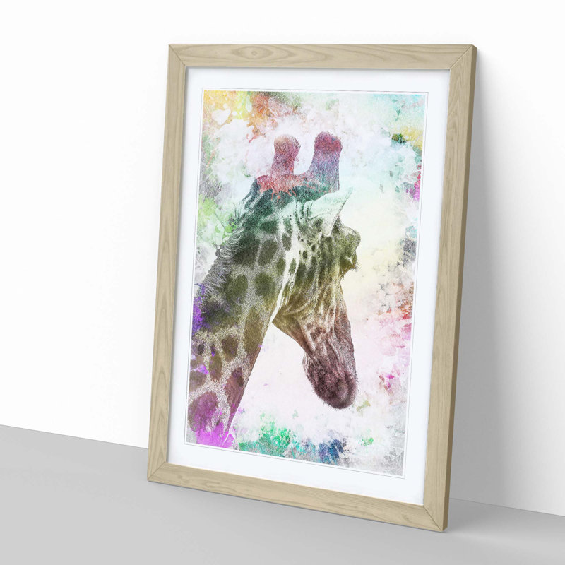 Giraffe Facing the Rainbow in Abstract - Picture Frame Painting Print, 36cm H x 27cm W x 2cm D, Oak Framed