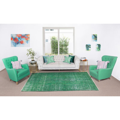 Tapis turc fait à la main de 5,6 x 9 pi de couleur verte, idéal pour les intérieurs modernes