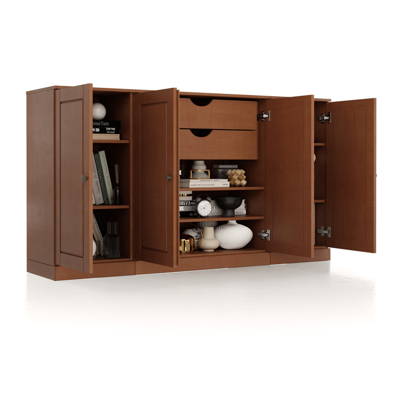 Buffet 100% bois massif 65 "avec portes solides, 2 tiroirs et tablettes réglables, Moka