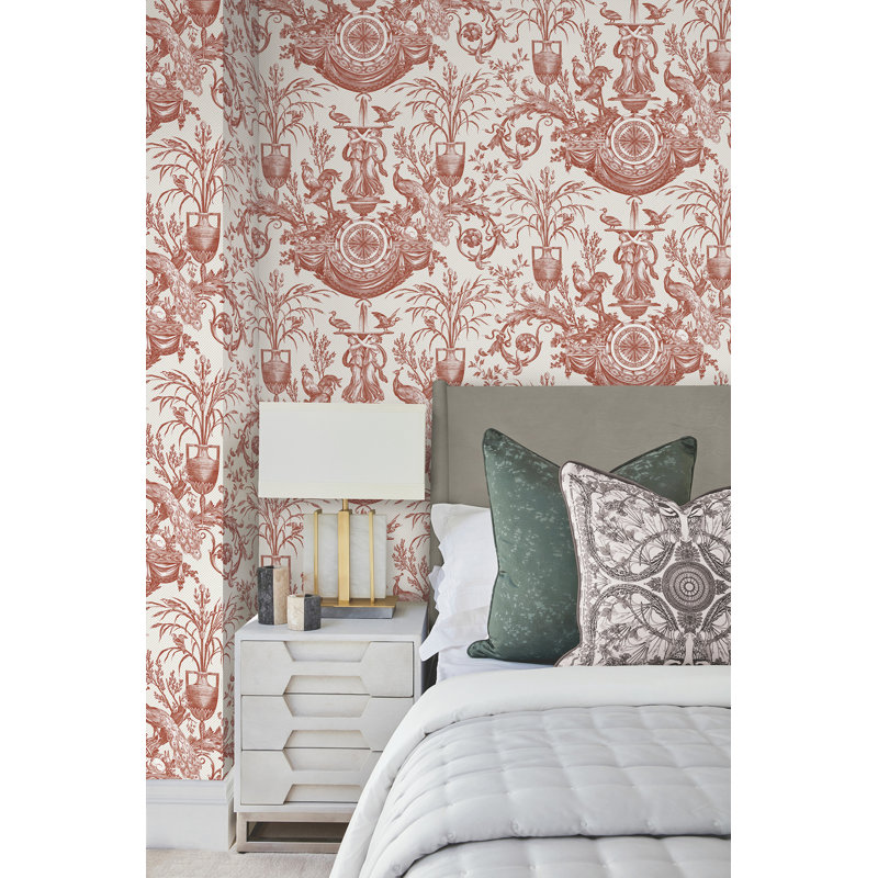 Avian Fountain Toile Wallpaper Roll, Brick