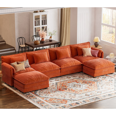 Canapé modulaire en forme de U 6 pièces 150 po avec pouf modulaire en chenille amovible orange